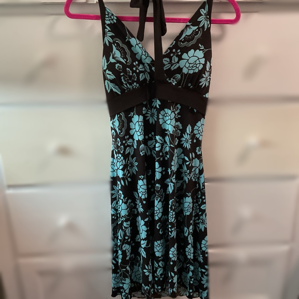 Floral Dark Brown and Blue Halter Dress